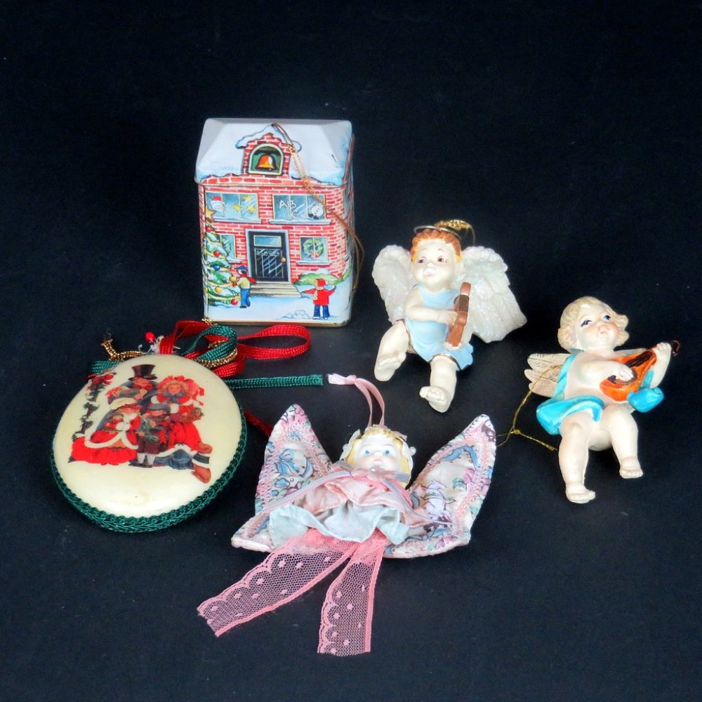 5 Christmas Tree Ornaments Schoolhouse Cloth Winged Angel 2 Cherubs Cameo Vtg